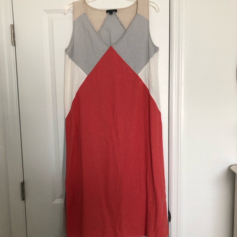 For Cynthia Multi-Color Blocked Sleeveless Midi Linen Blend Dress